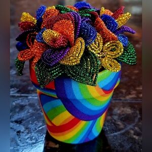 Pride/Rainbow Decoupage Pot filled with French Beaded Flowers